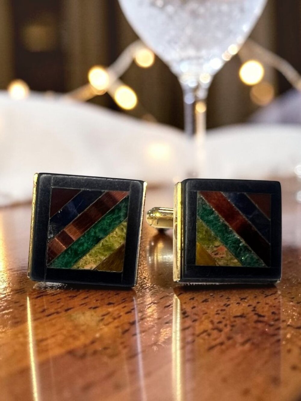 Vintage Gold Plate Cufflinks with Semi Precious Gemstone Inlay